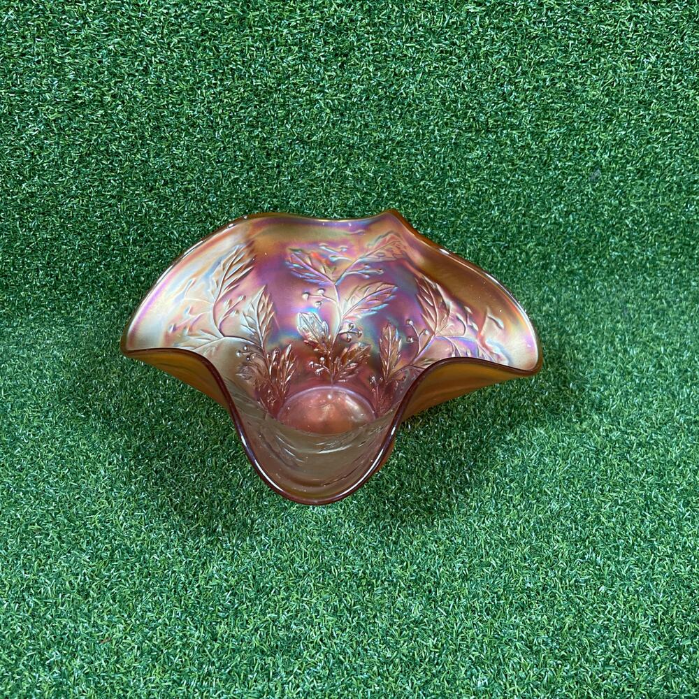 Vintage Fenton Holly Carnival Pink Iridescent Glass Ruffled Bowl
